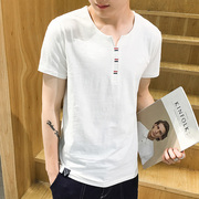 夏季男士t恤短袖v领韩版宽松纯白半袖纯棉青年，纯色上衣体恤男装潮