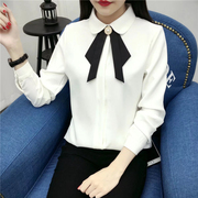 蝴蝶结白色衬衫女长袖，中学生2018春装，韩范职业雪纺衬衣学院风