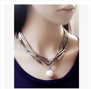 韩国多层椭圆形珍珠吊坠欧美时尚，夸张短款项链女锁骨链配饰品