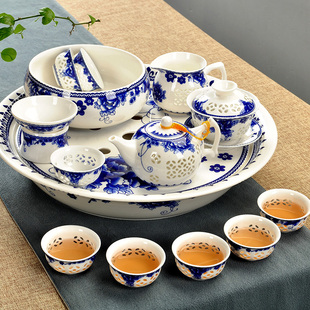 青花瓷蜂窝玲珑茶具，套装礼盒镂空茶杯，整套景德镇陶瓷功夫茶具