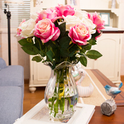 玫瑰花束花装饰花假花仿真花客厅摆设 卧室摆放花瓶套装插花玻璃