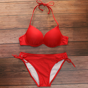 大红色钢托厚杯大小胸，聚拢比基尼分体沙滩，温泉泳衣女比基尼泳装