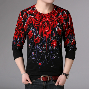 非主流时尚潮流男士花式个性，毛线衣(毛线衣)薄创意搞怪血玫瑰图案针织t恤