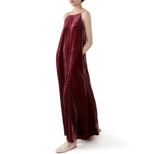 真丝金丝绒天鹅绒绛紫吊带纯色连衣裙口袋超长款长裙
