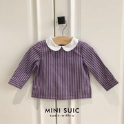 3-24个月女宝宝纯棉梭织棉RL紫条纹娃娃领长袖衬衣