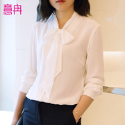 意冉真丝衬衣女长袖，夏蝴蝶结飘带百搭桑，蚕丝洋气上衣白色衬衫