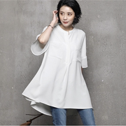 韩国2022夏季女白衬衫韩版宽松显瘦套头上衣中长款雪纺衫