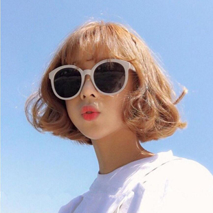 韩国ulzzang原宿墨镜女复古圆框太阳镜米白色边框修脸果冻粉眼镜