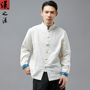 中国风男士立领印花衬衫复古中式男装亚麻唐装衬衣长袖棉麻上衣潮