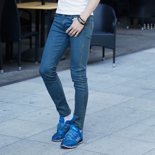 韩国明星款复古小脚弹力蓝色紧身牛仔裤男个性贴身牛仔小脚裤长裤