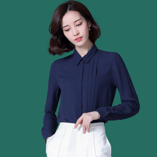 2023春季韩版修身深蓝长袖雪纺，女式衬衫白色通勤工，衣百搭ol职业