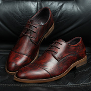 意大利复古商务正装皮鞋真皮时尚做旧手绘低帮系带尖头耐磨德比鞋