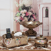 高档欧式果盘套装，客厅装饰奢华工艺品多功能纸巾盒，树脂三件套茶几