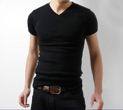 夏季v领男士短袖t恤纯棉，修身型纯色紧身弹力打底衫2024韩版体恤