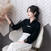 2021春装女装气质OL优雅韩版V领蕾丝拼接袖珍珠扣长袖雪纺衫