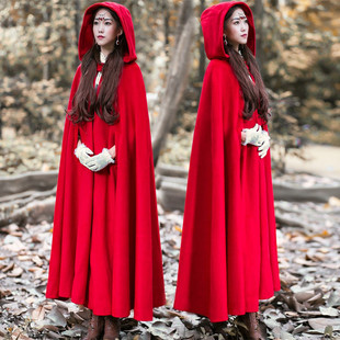 2023冬装加厚披风外套文艺，大红色巫师帽大摆长款斗篷毛呢复古大衣
