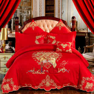 婚庆四件套粉色全棉蕾丝结婚大红刺绣纯棉六八十多件套件床上用品