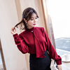 女装2021春装韩版气质珍珠飘带，立领雪纺衫，长袖酒红色衬衫上衣
