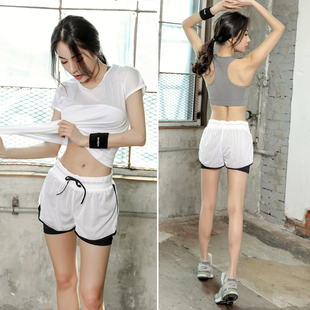 韩国春夏季健身房运动套装女网纱速干衣瑜珈服跑步显瘦短裤三件套