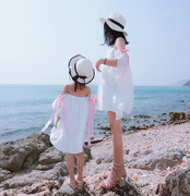 2019夏装亲子装母女装雪纺裙吊带沙滩裙海边度字肩连衣裙