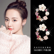 耳钉纯银女气质韩国个性，简约百搭花朵珍珠耳环，小清新耳饰品防过敏