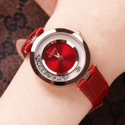 瑞士古欧时尚女款学生表镶钻红色真皮带时装防水女士手表