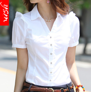 韩版棉白色女衬衫短袖，夏装半袖工作服正装，工装大码衬衣职业女装ol