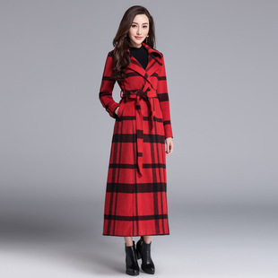 秋冬女装羊绒大衣红色修身显瘦长款加厚羊毛格子毛呢外套过膝
