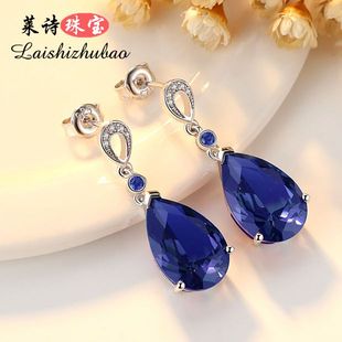 蓝宝石耳钉女款日韩国创意彩宝耳环，纯银镀18k金彩色(金彩色)宝石耳饰银饰