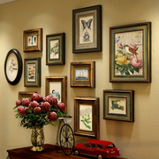 欧式照片墙实木复古美式相片相框鹿头组合挂墙客厅餐厅背景装饰画