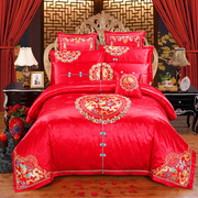 中式刺绣相亲相爱婚庆四件套提花六八十多件套大红色结婚绣花床品
