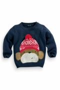 英国NEXT童装购藏蓝色圆领红帽猴子图案针织衫毛线衣现清