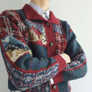 Vintage 复古酒红 圣诞费尔岛系列雪柄森林 拼色 图案 开衫羊毛衣