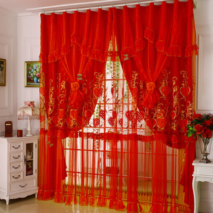 韩式成品蕾丝浪漫喜庆大红结婚婚房双层窗帘窗纱，公主卧室客厅遮光