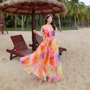 夏季女装v领短袖雪纺长裙，连衣裙大码波，西米亚海边度假沙滩裙