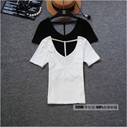 2024夏季韩版v领t恤女短袖，贴身上衣纯色镂空露背百搭打底衫