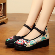 春秋季老北京民族风布鞋，高跟女鞋坡跟绣花鞋布鞋厚底平底女单鞋子