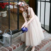 韩国童装连衣裙蓬蓬裙香槟色礼服裙，刺绣立体花朵，表演服公主长裙