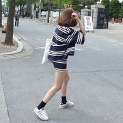 ulzzang夏季韩版简约条纹宽松五分袖t恤+短裙半身裙套装女潮