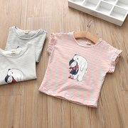 女童夏装2022女童条纹小熊印花T恤衫韩版中小童装儿童打底衫