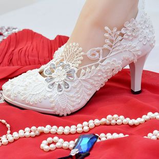 婚鞋蕾丝珍珠水钻刺绣新娘鞋白色高跟伴娘鞋礼服鞋演出结婚鞋