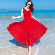 大红色长裙波西米亚夏装2022款女海边度假沙滩，裙大摆雪纺连衣裙