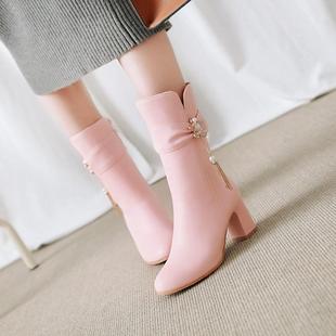 秋冬款女鞋粉红色靴，白色鞋子粗跟高跟中筒靴，小码女靴大码靴子xty