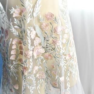 彩色立体树枝刺绣蕾丝面料婚纱，礼服装手工diy布料网纱装饰材料绿