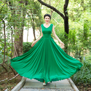 2023夏泰国海边度假裙复古v领绿色雪纺连衣裙沙滩裙长裙显瘦纯色