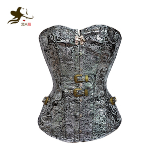艾米丽宫廷哥特式束身衣 印花钢扣银色束腰美体宫廷塑身衣 corset