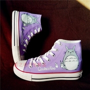 手绘帆布鞋女夏季高帮系带款淡紫色龙猫卡通图学生可爱涂鸦休闲鞋