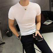 短袖t恤男贴身纯色体恤，潮流纯白半袖弹力韩版修身紧身衣短款纯棉