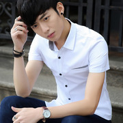 夏季流行衬衫修身青年纯色时尚潮寸衫韩版男装短袖薄半袖衬衣