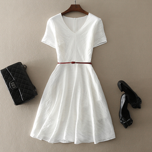 中长款修身显瘦A字裙礼服白色短袖连衣裙子气质优雅女装